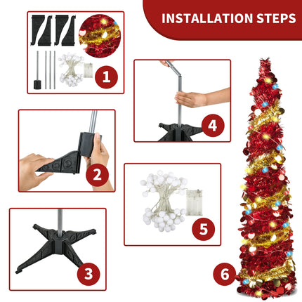 5-Foot Pop-Up Foldable Artificial Pencil Tree, Reusable, Christmas Tree with LED String Lights.Suitable for Holiday Decoration in Homes, Offices, and Parties(Red)
