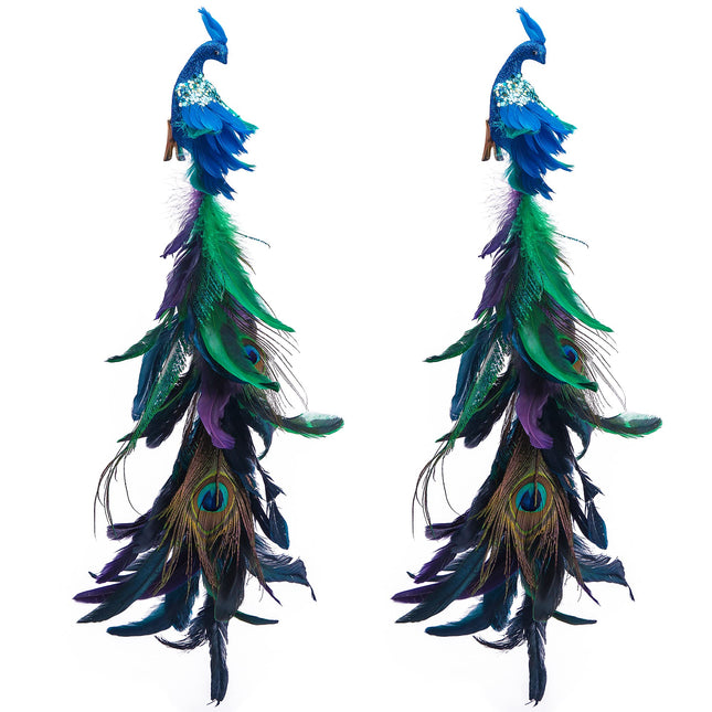 2pcs Large Artificial Peacock Ornaments,23" Glitter Blue Peacork with Long Tail,Christmas Peacock Cilp On Ornaments for Xmas Tree Decoration (Peacock Ornaments)