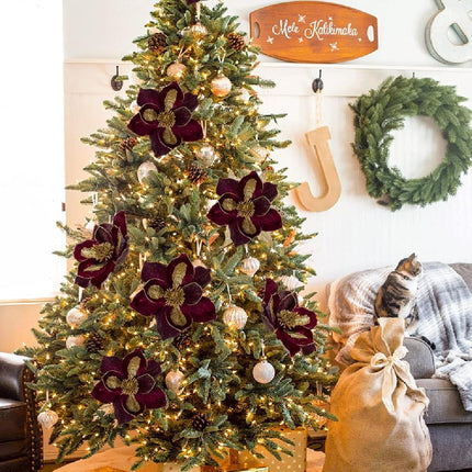 10’’ Large Heads Christmas Glitter Magnolia Flowers Christmas Tree Ornaments Set of 3 Artificial Flowers with Picks Stems for Xmas Tree Holiday Decorations, Burgundy