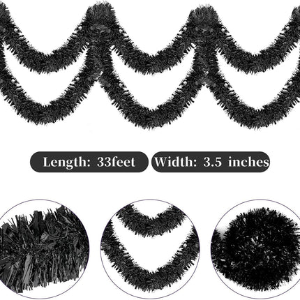 33 Feet Black Christmas Tinsel Garland, Christmas Metallic Hanging Tinsel Garland for Halloween Xmas Tree Home and Party Decoration