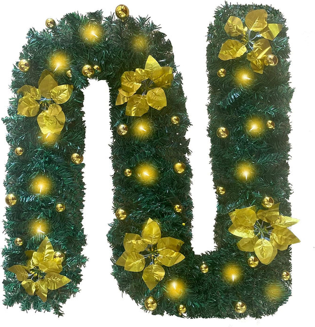 9ft Lighted Christmas Garland Artificial Pine Garland with 30 LEDs 6 Flowers and 30 Ball Ornaments Mantle Garland Greenery Garland for Christmas Holiday Party Wedding Home Decor (Gold)