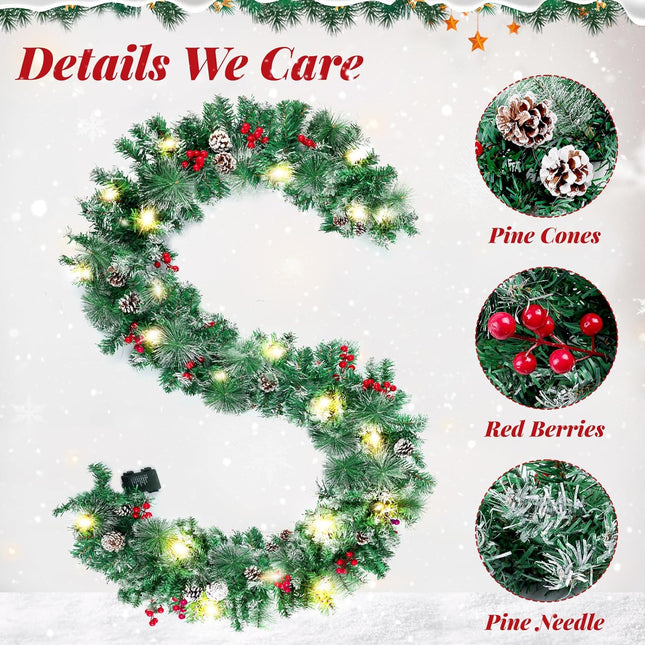 Christmas Garland with Lights, 9FT Artificial Lighted Garland Indoor for Stairs, Fireplace, 50 Lights Green Garland, Pine Cones & Red Berries & Pine Needle