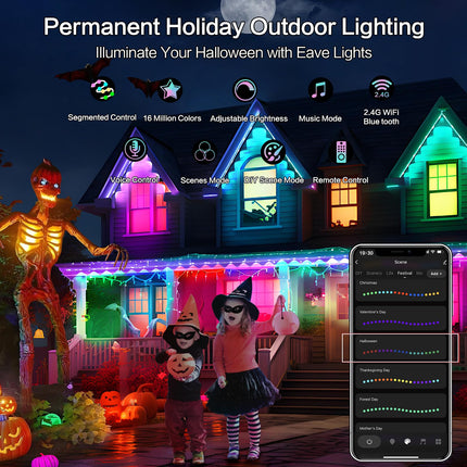 Smart Permanent Outdoor Lights for House, 100ft RGB+IC Permanent Christmas Lights Outdoor, IP67 Waterproof with DIY Scene for Christmas Halloween All Holiday Decor, Work with Alexa, Google Assistant