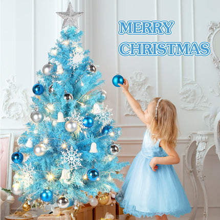 34 Pieces Christmas Tree Decorations Include 4 ft Artificial Christmas Tree with Metal Feet, String Lights, 31 Small Accessories for Home Christmas Party Decoration (Pastel Blue)