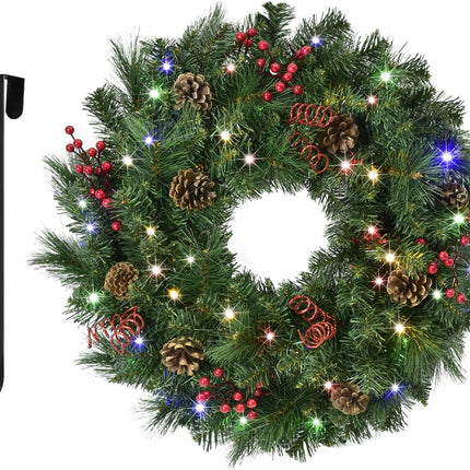 Christmas Wreaths for Front Door 24In - Artificial Christmas Wreath with 40 LEDs 9 Models Light, Timer, Hanger, Battery Operated Christmas Wreath for Mantel Wall Windows Xmas Decoration