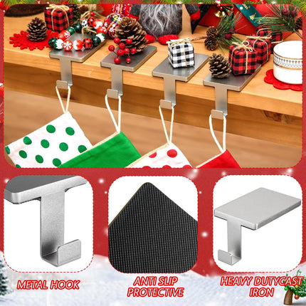 Christmas Stocking Holder Metal Fireplace Stocking Hangers Mantel Christmas Stocking Hanging Hooks Ornament Hooks Heavy Duty Weighted Stand Holder Bases for Xmas Party Decor (4, Silver)