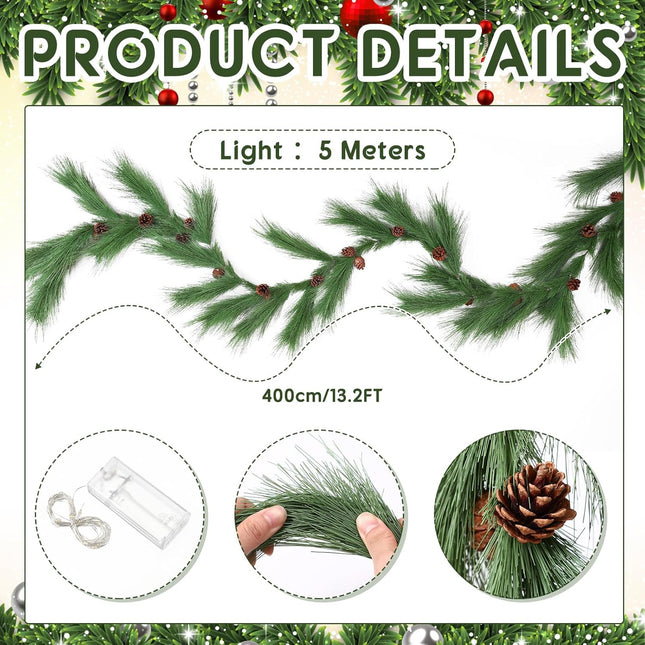 Jutom 13.2ft Christmas Deluxe Norfolk Pine Garlands Artificial Long Needle Pine Cone Garland Realistic Xmas Cedar Pine Garland for Holiday Mantle Table Indoor Outdoor Decor