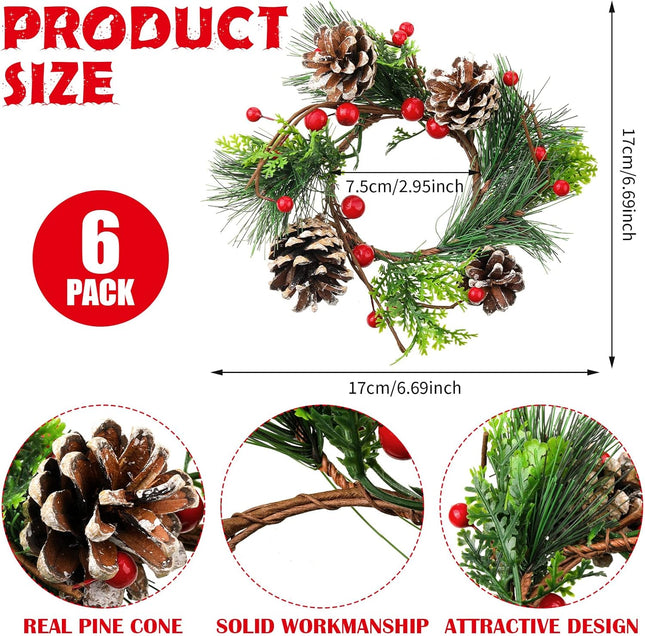 12 Pieces Christmas Wreath Candle Holder Include 6 Pcs Votive Candle Berry Ring with Pinecones and 6 Pcs Metal Candle Holders for Christmas Party Decoration