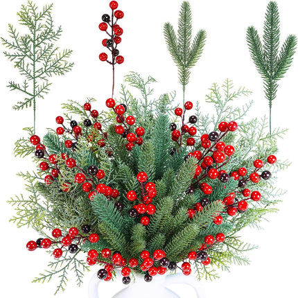 Winlyn 60 Pcs Christmas Artificial Pine Branches Red Berry Picks Fake Greenery Plants Pine Sprigs Christmas Tree Stems 8.1"-12" for Holiday Christmas Tree DIY Garland Centerpiece Floral Arrangement