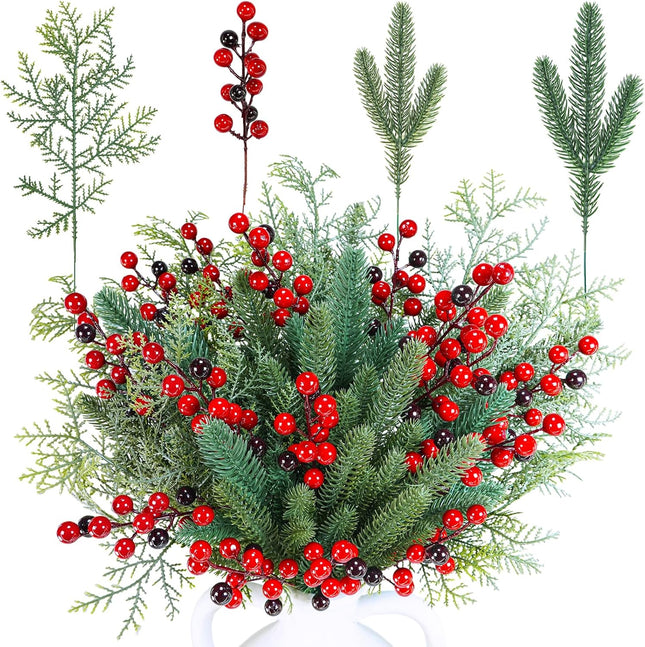 Winlyn 60 Pcs Christmas Artificial Pine Branches Red Berry Picks Fake Greenery Plants Pine Sprigs Christmas Tree Stems 8.1"-12" for Holiday Christmas Tree DIY Garland Centerpiece Floral Arrangement