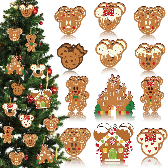 Gingerbread Ornaments for Christmas Tree Decorations, 24pcs Cute Christmas Wooden Gingerbread Man House Mouse Hanging Ornaments for Xmas Home Kitchen Decor Holiday Christmas Tree Party Supplies