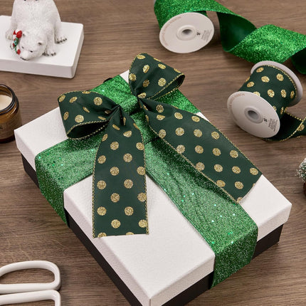 4 Rolls 32 yd Red Green Glitter Christmas Wired Ribbon Set, 2.5 inch x 8yd Polka Dot Satin Burlap Ribbon for Xmas Tree Décor, Wrap Box, Bow, Wreath, Garland, Floral DIY Craft