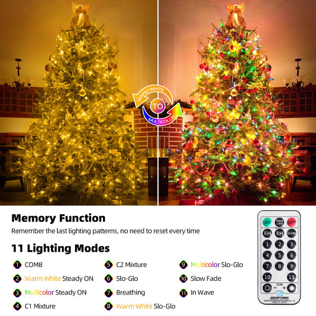 Tcamp Color Changing Christmas Tree Lights Outdoor Indoor, 800 LED 262ft Warm White Multicolor Christmas String Lights 11 Modes Remote Memory Timer Function for Christmas Party Home Decor