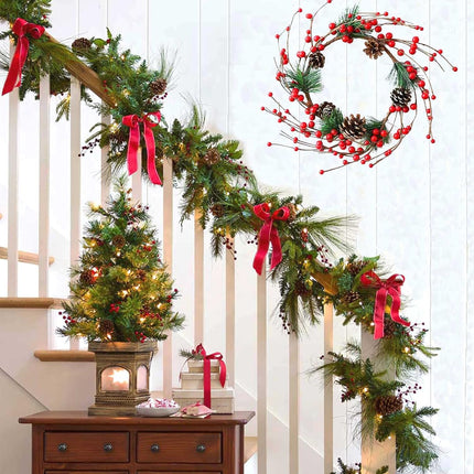 12 inch Artificial Christmas Wreath, Farmhouse Handmade Rattan Small Christmas Door Hanging with Red Berry, Pine Cones for Indoor Outdoor DIY Christmas Decoration Wall, Candle Tabletop Ornament