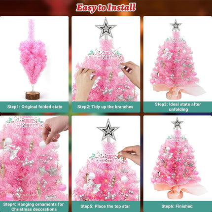 24 Inch Tabletop Mini Christmas Tree, Pre-lit Small Pink Christmas Tree with Warm Lights and Ornaments, 2 FT Artificial Tree Christmas Decorations Indoor Home