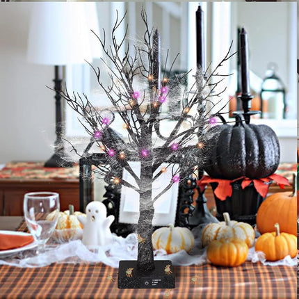 Dazzle Bright 20 Inch Orange & Purple Lighted Halloween Birches Tree Decor, 24 LED Battery Operated Halloween Decorations Artificial Black Spooky Tree with Timer for Indoor Home Holiday Xmas Party