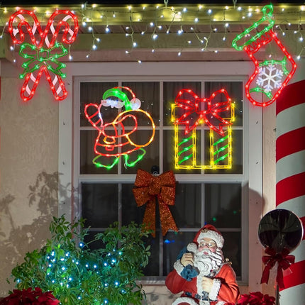 16" Christmas Window Silhouette Lights Decorations - 4 Pack Colour Lighted Santa ＆ Box ＆ Candy Cane ＆ Christmas Stocking for Holiday Indoor and Outdoor Wall Door Window Decorate