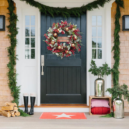 22" Christmas Wreath with Red Berry, Lamb’s Ears Leaves Pine Cone Star bolls, Artificial Winter Wreath G Decoration for Front Door Window Home Wall Farmhouse Holiday Outdoor Indoor Décor