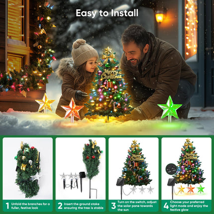 Outdoor Christmas Decorations: 2 Pack 30In Artificial Solar Christmas Tree Lights with 33 LED, 3 Star Stake Lights, 8 Modes Solar Christmas Lights Outdoor Waterproof for Yard, Pathway, Grave Decor