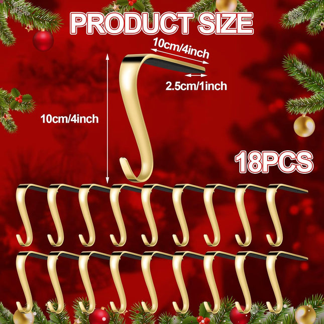 Therwen 18 Pcs Christmas Stocking Holders for Mantel Heavy Duty Fireplace Hanger Hooks Mantel Stocking Hooks Christmas Garland Hanger Metal Mantle Grips for Fireplace Shelf Party Decoration (Gold)