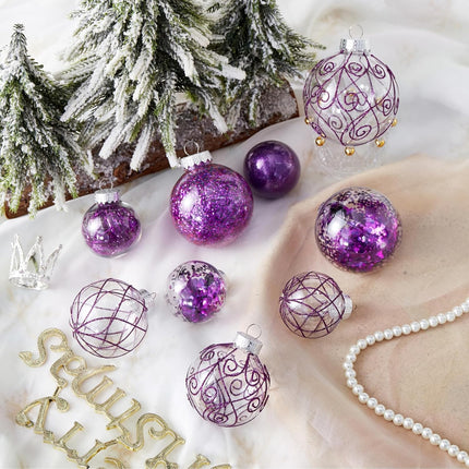 Wironlst Christmas Ball Ornaments Shatterproof Clear Large Plastic Hanging Ball Decorative Baubles Set with Stuffed Delicate Decorations (Multi-Size, Purple)