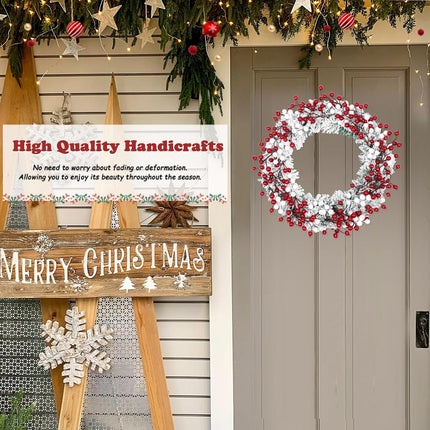 Winter Wreaths for Front Door, Outdoor Christmas Wreath Large White Xmas Reef Decorations with Snow Flocked Pine Red Berry 16" 20 inch Handmade Premium Holiday Indoor Outside Decor