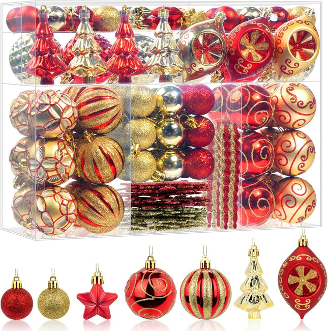 114 Pcs Red and Gold Christmas Ball Ornaments Set, Xmas Tree Ornament Bulk Decoration, Shatterproof Decorative Hanging Baubles for Party Holiday Wreath Garland Home Décor