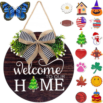 Interchangeable Welcome Sign Wreaths for Front Door - Seasonal Round Wood Door Sign, Farmhouse, Porch Wall Outdoor Hanging for Thanksgiving, Halloween, Christmas，Fall Home Housewarming Ideas