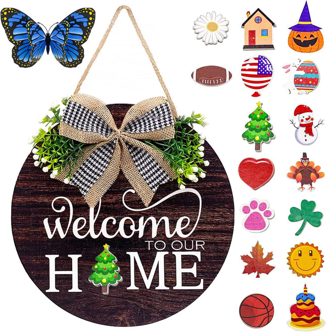 Interchangeable Welcome Sign Wreaths for Front Door - Seasonal Round Wood Door Sign, Farmhouse, Porch Wall Outdoor Hanging for Thanksgiving, Halloween, Christmas，Fall Home Housewarming Ideas