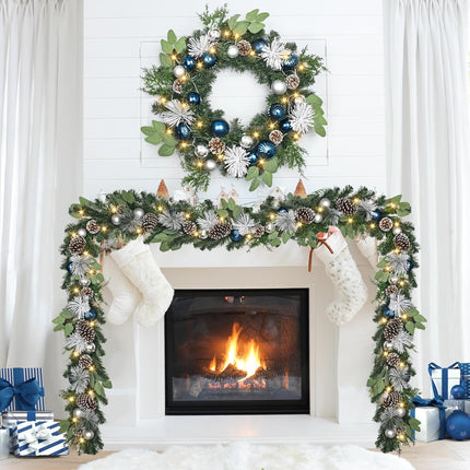Christmas Wreath with Lights,24 Inch Christmas Wreath for Front Door with Christmas Blue Balls,Pine Cones and Pine Needles Xmas Wreath for Fireplace Window Front Door Wall Decor