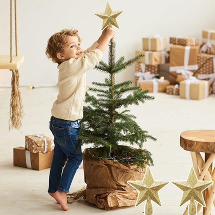 WLLHYF 2 Pack Glitter Mini Star 4 Inch Christmas Tree Topper Decorative Holiday Small Treetop Plastic Ornaments for Christmas Home Decoration Birthday Party(Gold,Red)