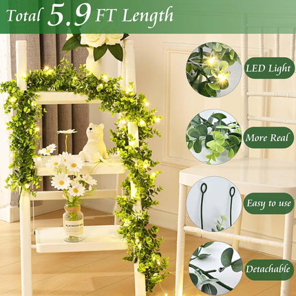 BLEUM CADE 2 Pack Faux Eucalyptus Garland with Lights, 5.9 FT Artificial Greenery Garland Fake Garland Hanging Eucalyptus Vines for Home Decor Party Home Table Decoration(Grey Green)