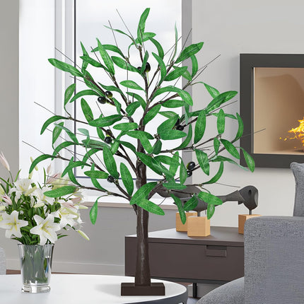 2FT Lighted Olive Tree - 24 Inch Light Up Olive Tree with 36 LED Lights, 12 Fruits, 72 Leaves, Timer Battery Operated Table Top Artificial Lighted Tree for Wedding Party Tabletop Decorations Indoor