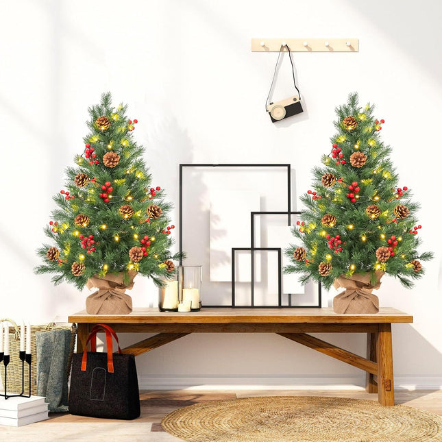 2 Pack 24 in Realistic Feel Thick Prelit Artificial Christmas Tree Tabletop Decorations Timer Battery Operated Pine Cones Red Berries Christmas Indoor Home Decoration