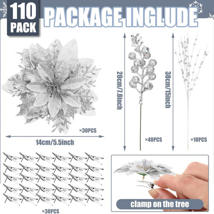 Ceenna 110 Pack Christmas Tree Ornament Set 40 Christmas Berry Picks 30 Artificial Poinsettias Flower with 30 Clips 10 Christmas Glitter Berries Stems for Christmas Tree Wreath DIY Craft (Silver)