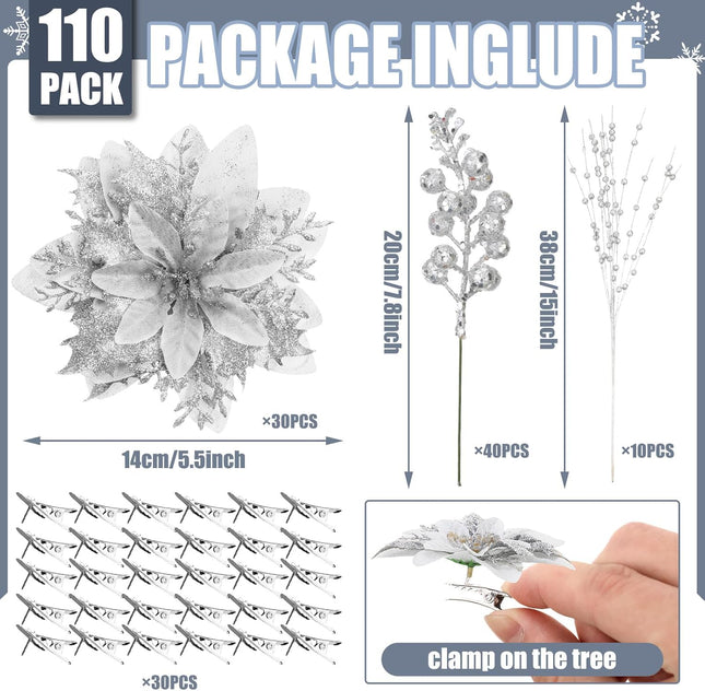 Ceenna 110 Pack Christmas Tree Ornament Set 40 Christmas Berry Picks 30 Artificial Poinsettias Flower with 30 Clips 10 Christmas Glitter Berries Stems for Christmas Tree Wreath DIY Craft (Silver)