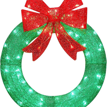 Brightown 24in Lighted Christmas Wreath Decorations, Outdoor Christmas Wreaths Holiday Decor with Bow Ribbon 60 LED Lights for Front Door Windows, Xmas s, Party Supplies, Home, Patio Lawn, Garden
