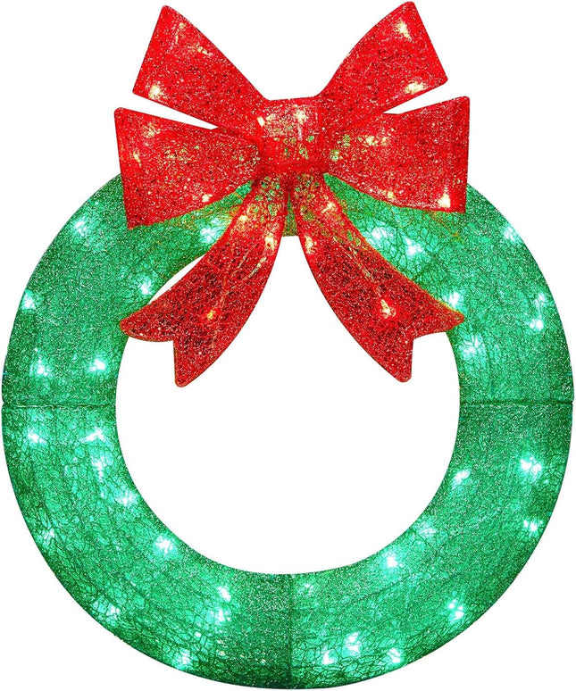 Brightown 24in Lighted Christmas Wreath Decorations, Outdoor Christmas Wreaths Holiday Decor with Bow Ribbon 60 LED Lights for Front Door Windows, Xmas s, Party Supplies, Home, Patio Lawn, Garden