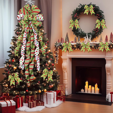 6PCS Christmas Tree Topper Wreath Bow Christmas Tree Bow Topper Large Red Green Bow and Small Wreath Bows Christmas Decorations for Tree Wrapping Wall Home Front Door Decor 45"x13"