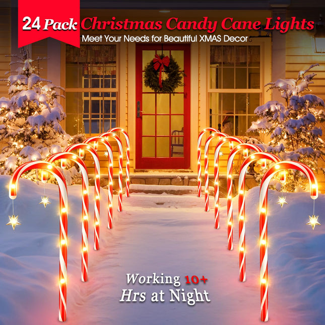 24 Pack Christmas Decorations Outdoor, 56.5ft Long 10 Modes Solar Candy Cane Christmas Pathway Lights Outdoor, Solar Powered and USB Charging, Waterproof Outside Christmas Decorations for Yard Garden