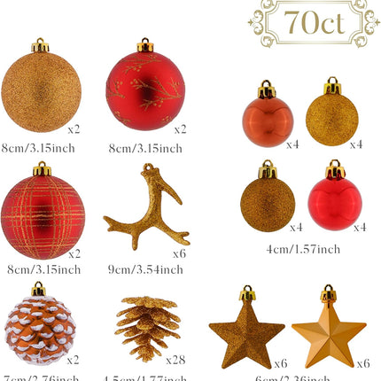 Valery Madelyn Christmas Ornaments Set, 70ct Red and Brown Shatterproof Christmas Tree Decorations, Woodland Hanging Ball Ornaments Bulk for Thanksgiving Xmas Holiday Decor