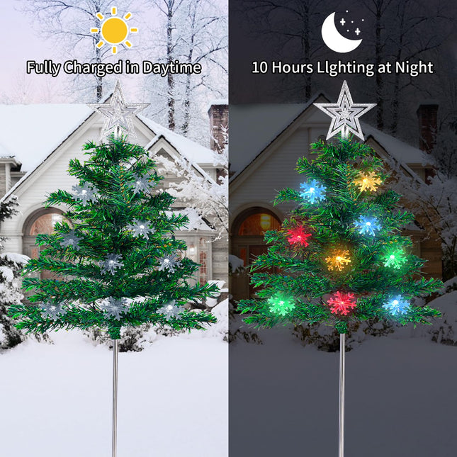 Christmas Decorations Outdoor 4 Sets Solar Christmas Tree with 80pcs Multi-Color C6 Snowflake Led Lights 8 Lighting Modes Waterproof Pathway Lights for Outside House Garden Yard Front Porch Door