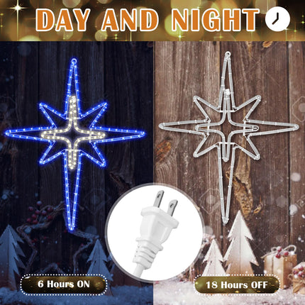 Christmas Star of Bethlehem LED Star Hanging Lights Nativity Holy Family Light for Door Window Porch Wall Decoration Plug Operated Lighted Star Hanging Tree Topper(Blue, Light Yellow,28")