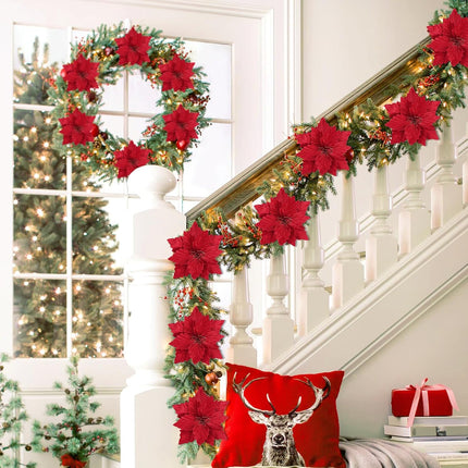 SHACOS 10 pcs 11.8" Artificial Christmas Red Poinsettia Flowers Clips on Large Velvet Floral Picks Christmas Tree Ornaments Wreath Garland Decoration Indoor Outdoor