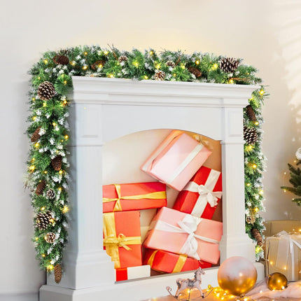 Jin&Bao 9FT Christmas Garland with 100 Lights, Pre-lit Christmas Garlands Xmas Decorations 8 Mode Timer Waterproof with Snowy Large Pine Cones, Long Pine Cones for Mantle Stairs Door Outdoor Decor