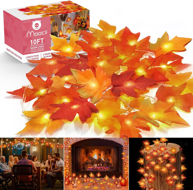 Fall String Lights Thanksgiving Decorations: 6 Pack Maple Leaf Garland with Lights Total 60ft 120 LED Orange Bulbs Battery Operated Fall Decor for Home Indoor Outdoor Room Autumn Harvest Halloween