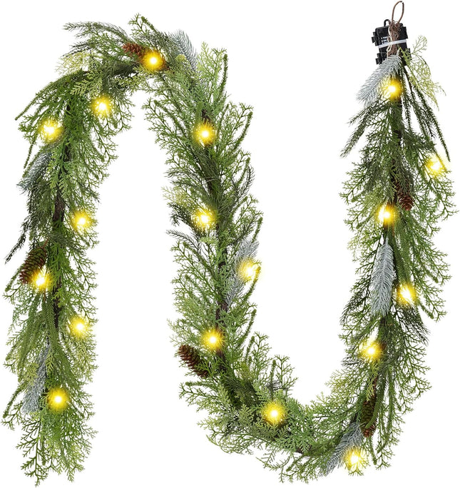 Decorbyhannah Christmas Garland with Lights, Prelit 9ft Lighted Norfolk Pine Garland, Battery Operated Greenery Garland Christmas Decorations for Mantle and Stairs, Home Decor Indoor Outdoor