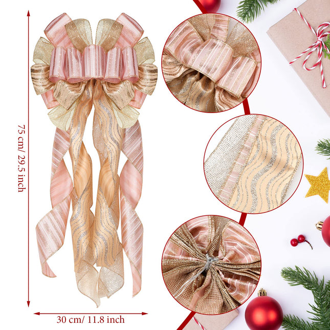 37 Pieces Christmas Rose Gold Tree Ornaments Set, Christmas Decorative Bow Topper 12 Glitter Flowers Decorations 12 Plastic Xmas Snowflake Icicle Ornaments Set for Holiday Party Decoration
