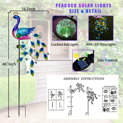 DREAMSOUL Peacock Solar Garden Lights Outdoor Decorative Stake, Waterproof Metal Peacock Garden Decor Solar Powered Landscape LED Path Lights Walkway Patio Yard Outside Decoration Lawn Ornament