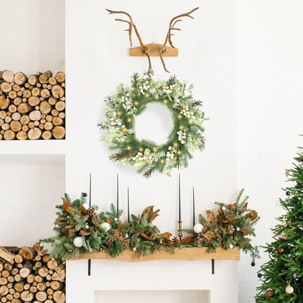 Perfnique 22'' Christmas Wreath for Front Door with Lights, Winter Outdoor Wreath Pine Wreath with White Berry and Glitter, Christmas Indoor Wreaths for Wall Window Fireplace Home Holiday Decor(White)